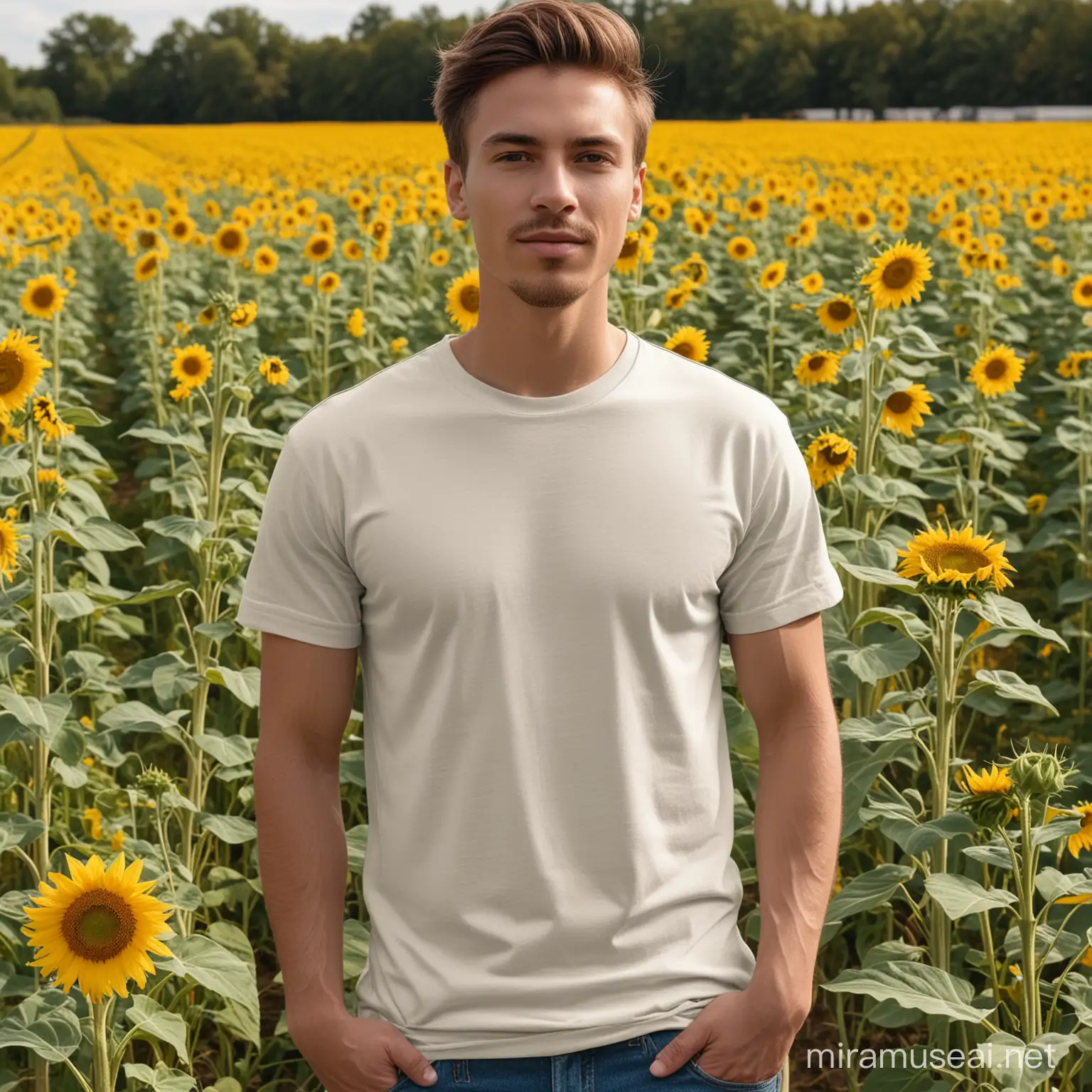 Gildan 64000 t-shirt mockup, natural color, blank t-shirt, young man standing in a field of sunflowers