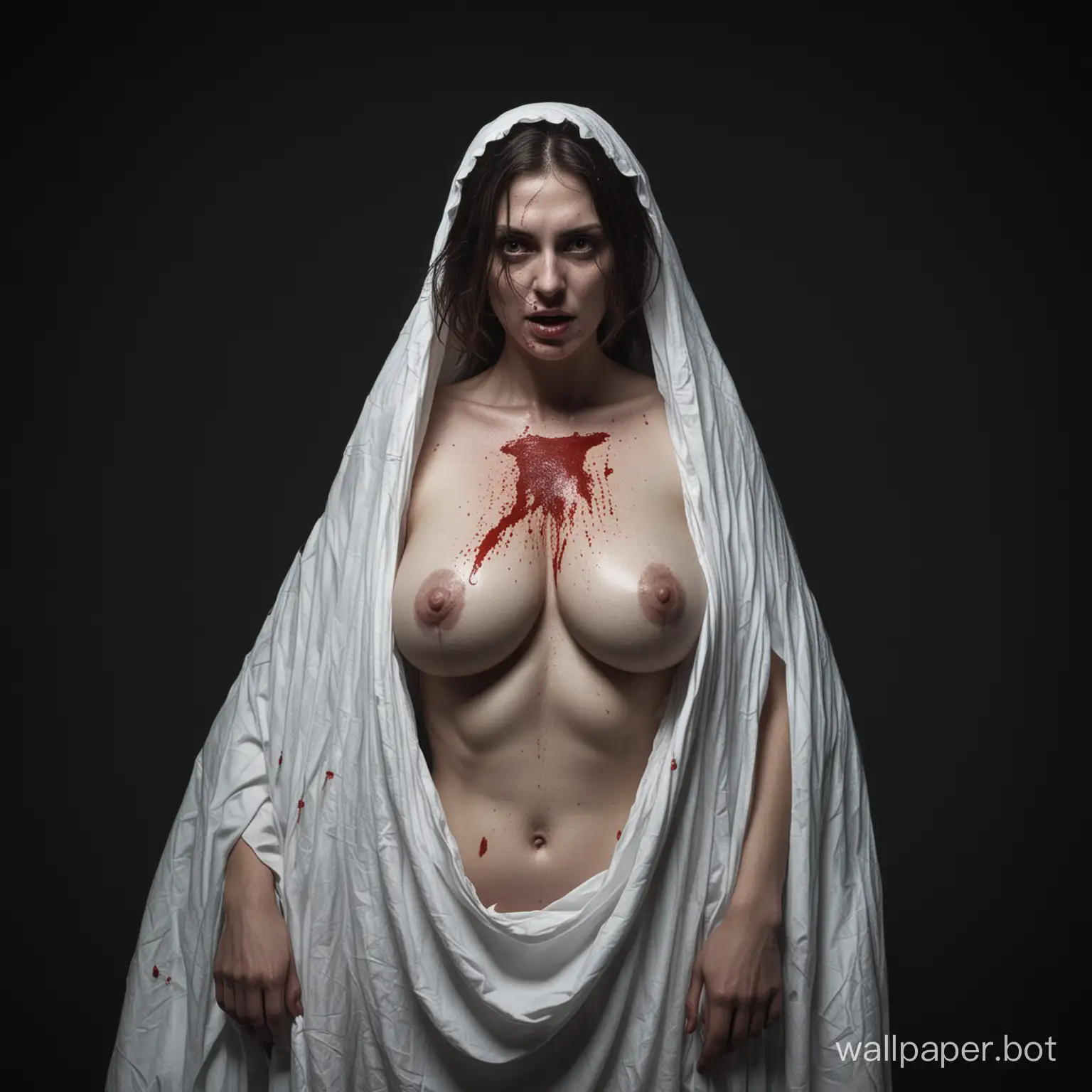 bloodied ghost of a woman with large breasts in a sheet on a black background