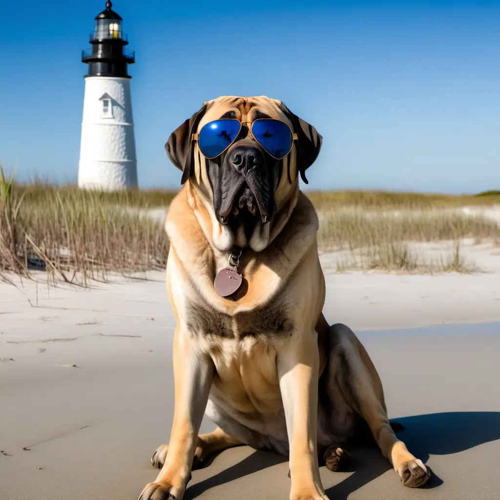 English mastiff on the beach wearing aviator sunglasses. background is the historic Bodie Island lighthouse