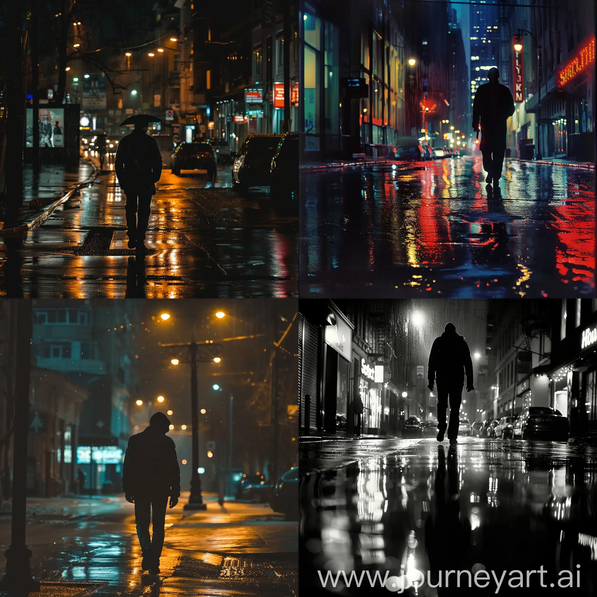 A man walk in the street alone in rainy night