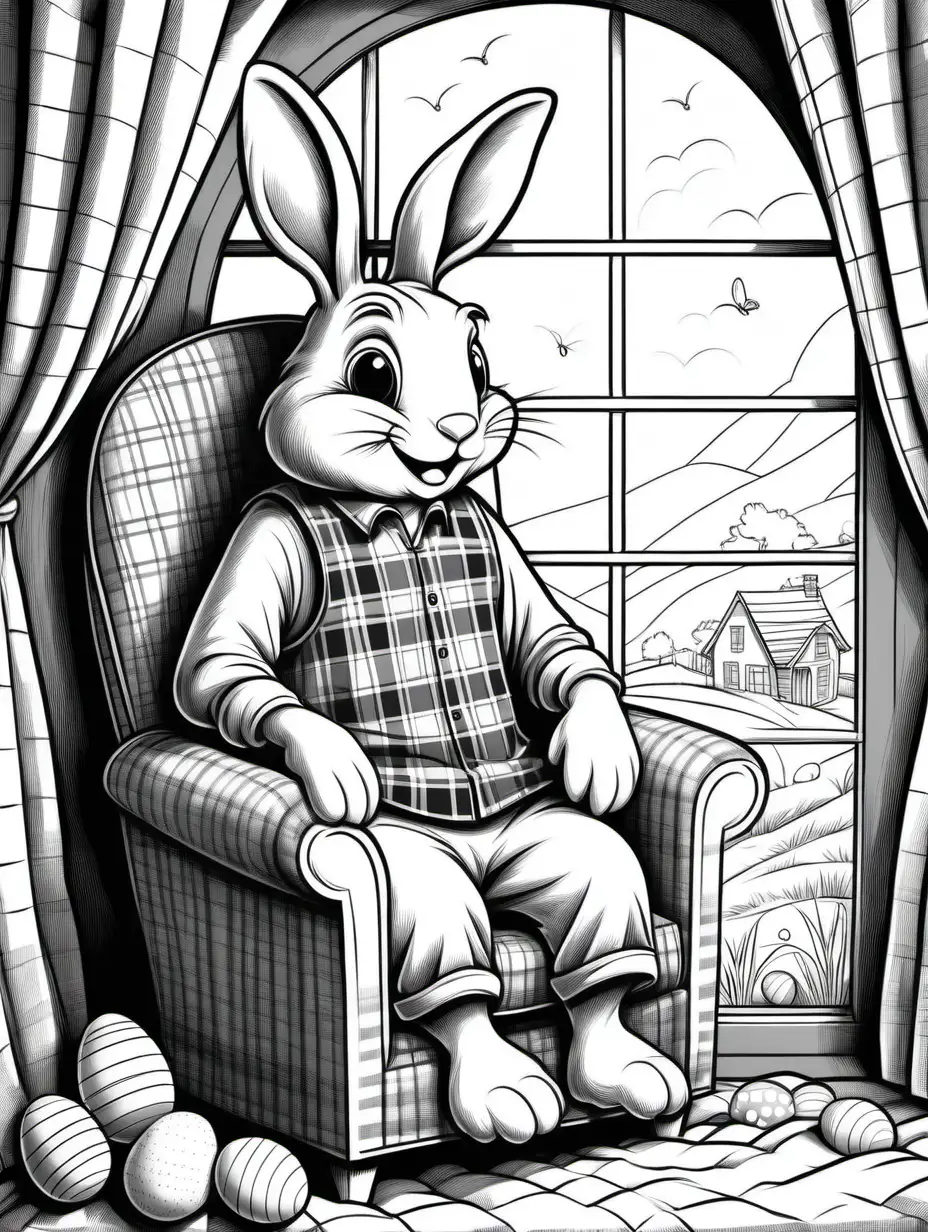 Happy Easter Bunny Sitting in Burrow Watching Outside from Plaid