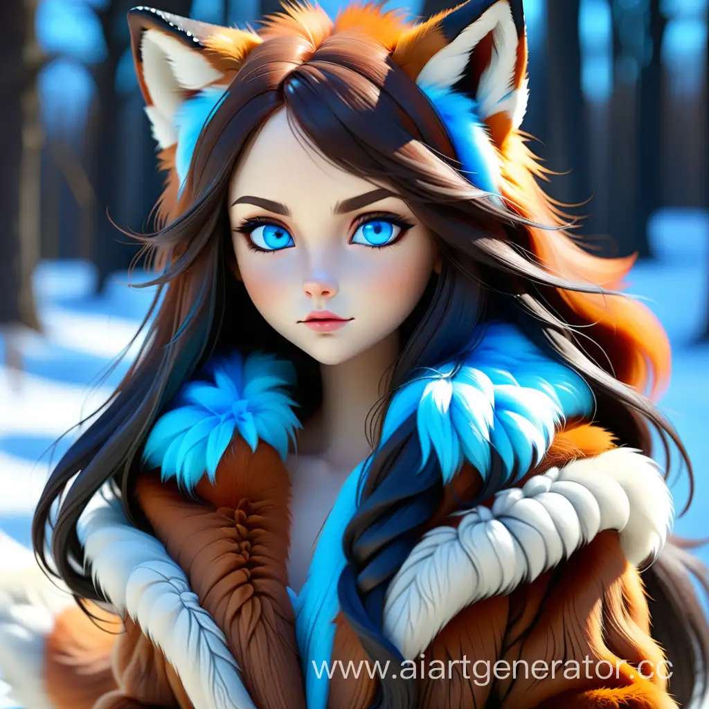 Девушка лиса с длинными темными волосами и голубыми глазами, лисьими ушками в шубе