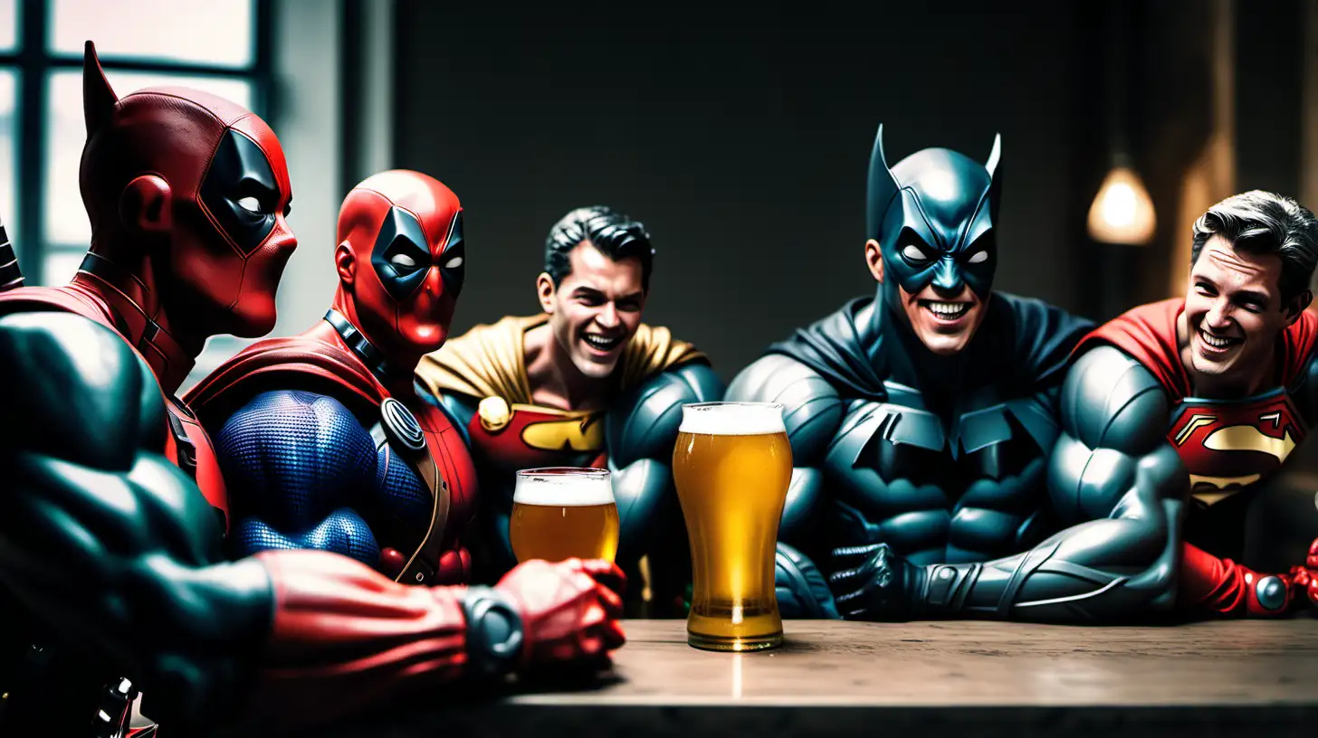 Make a photograph with a 35mm focus lens of friends: Deadpool, Superman, Batman, Flash, Spiderman, and Thor, all of whom are realistic and laughing while drinking Czech beer Pilsner Urquell. Realistic photo with focus on faces and that brand , cinematic , ultra wide, 4K V6.0