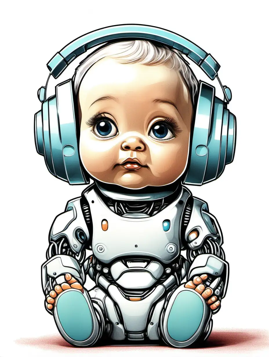 Portrait of adorable babyrobot, putting hands over ears, white background, illustration, colourised, stylised