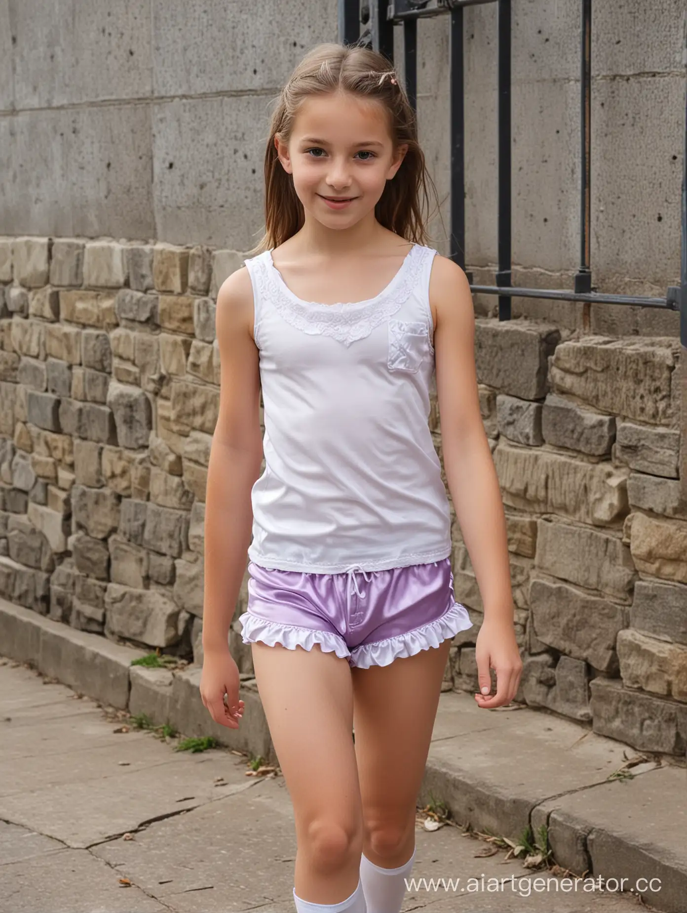 Young-Girl-in-Satin-Panties-Walking-to-School