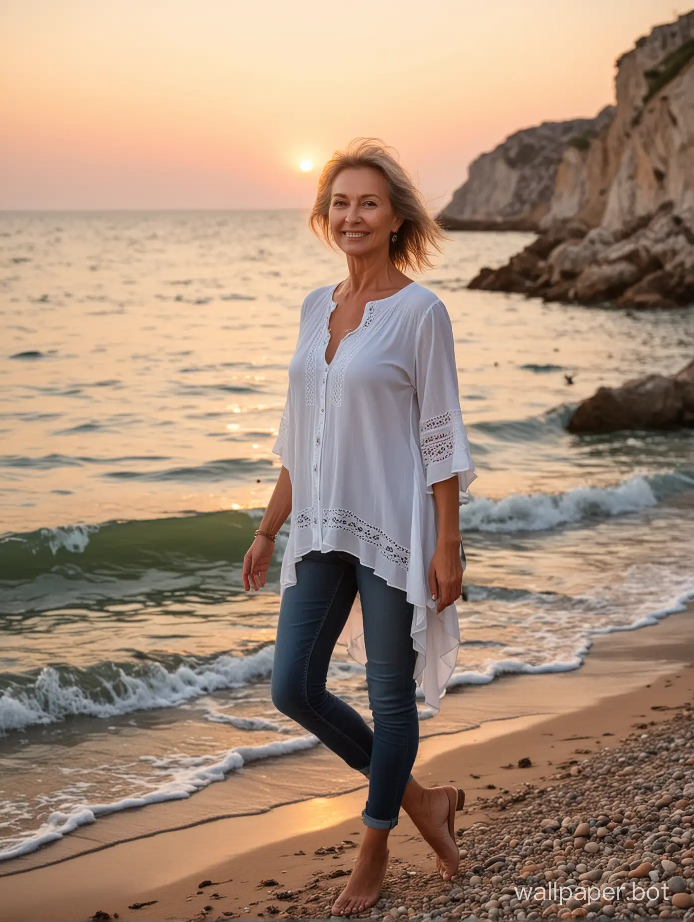 Elderly-Russian-Woman-Enjoying-Dynamic-Sunset-Stroll-by-the-Crimean-Sea