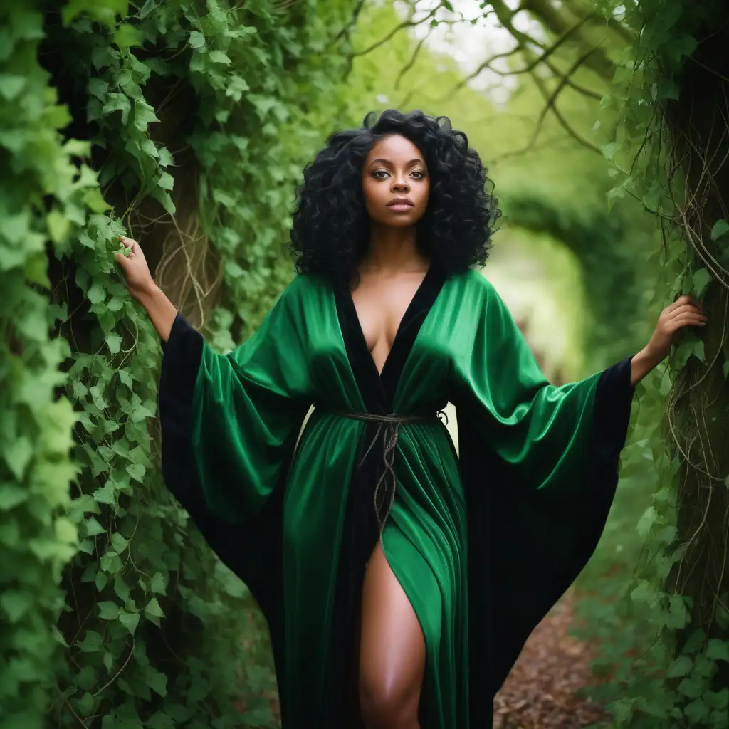 beautiful black woman, green black robes, many tangled vines, woods, England, day
