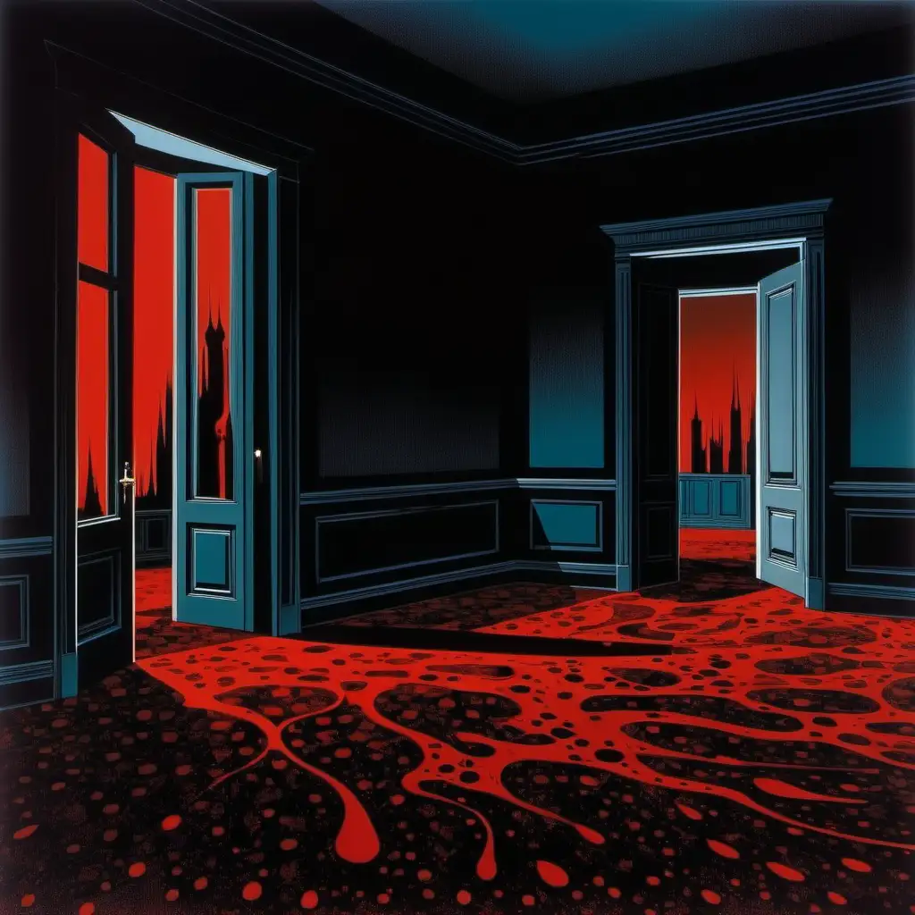 Blood on the carpet of a room in a manor house at night painted by Eyvind Earle