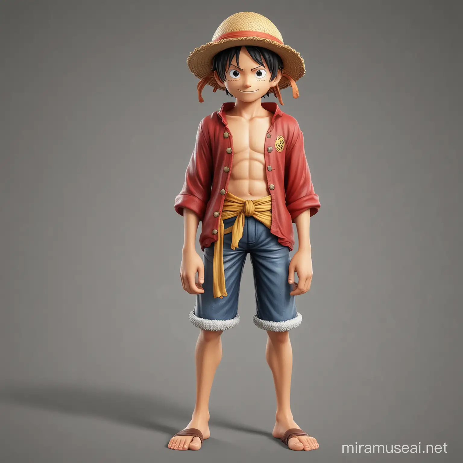 "Hola, busco un enimacion en 3D. Me gustaría una miniatura de Luffy, el personaje de One Piece en la adaptación de Netflix. Quiero que Luffy esté atado de pies a manos por separado, como si estuviera siendo estirado, para que se vea que él es de goma. También quiero que Luffy tenga su sombrero y su ropa típica." Todo eso en 3D 