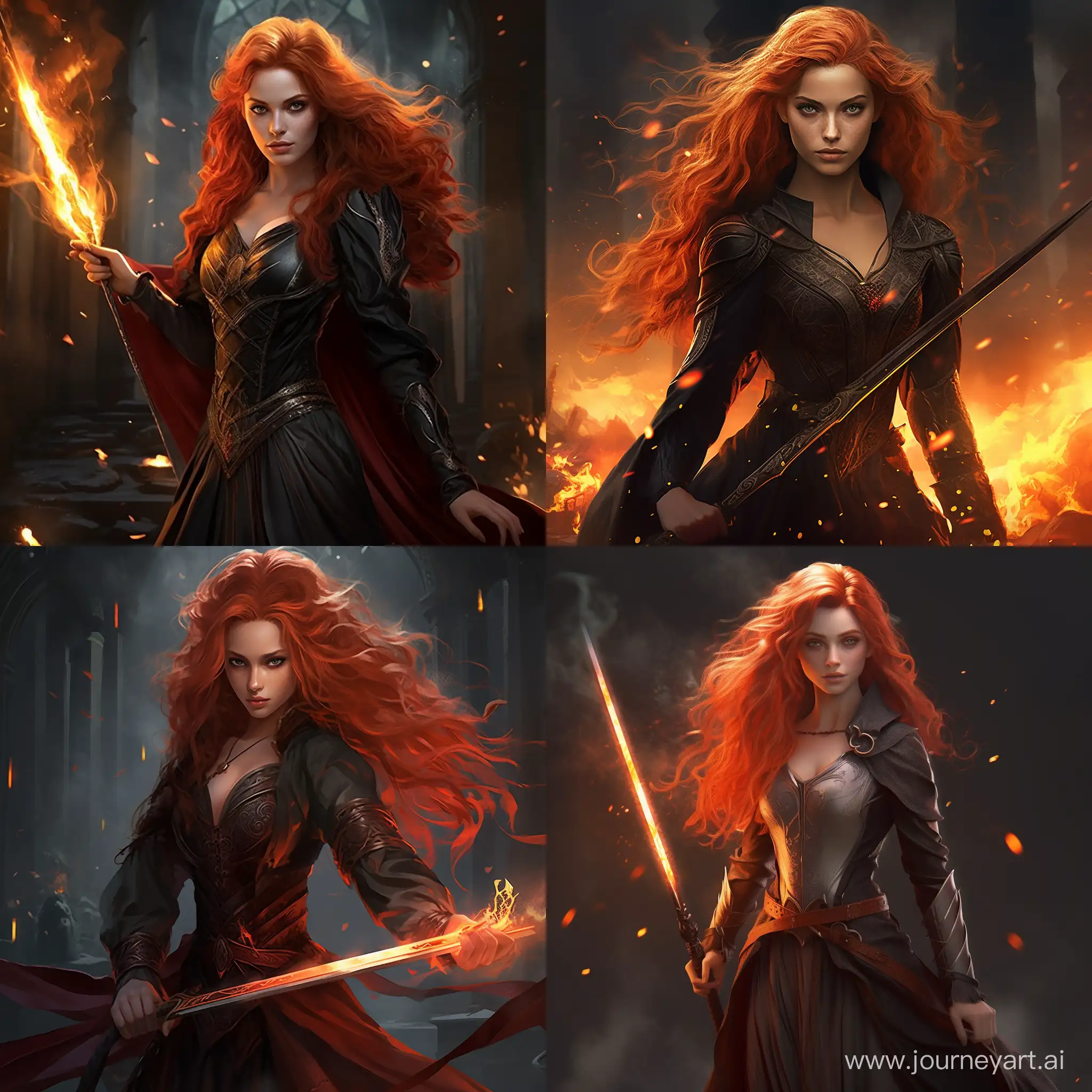 a young red-haired fire sorceress wielding a long sword and wearing an elegant dress