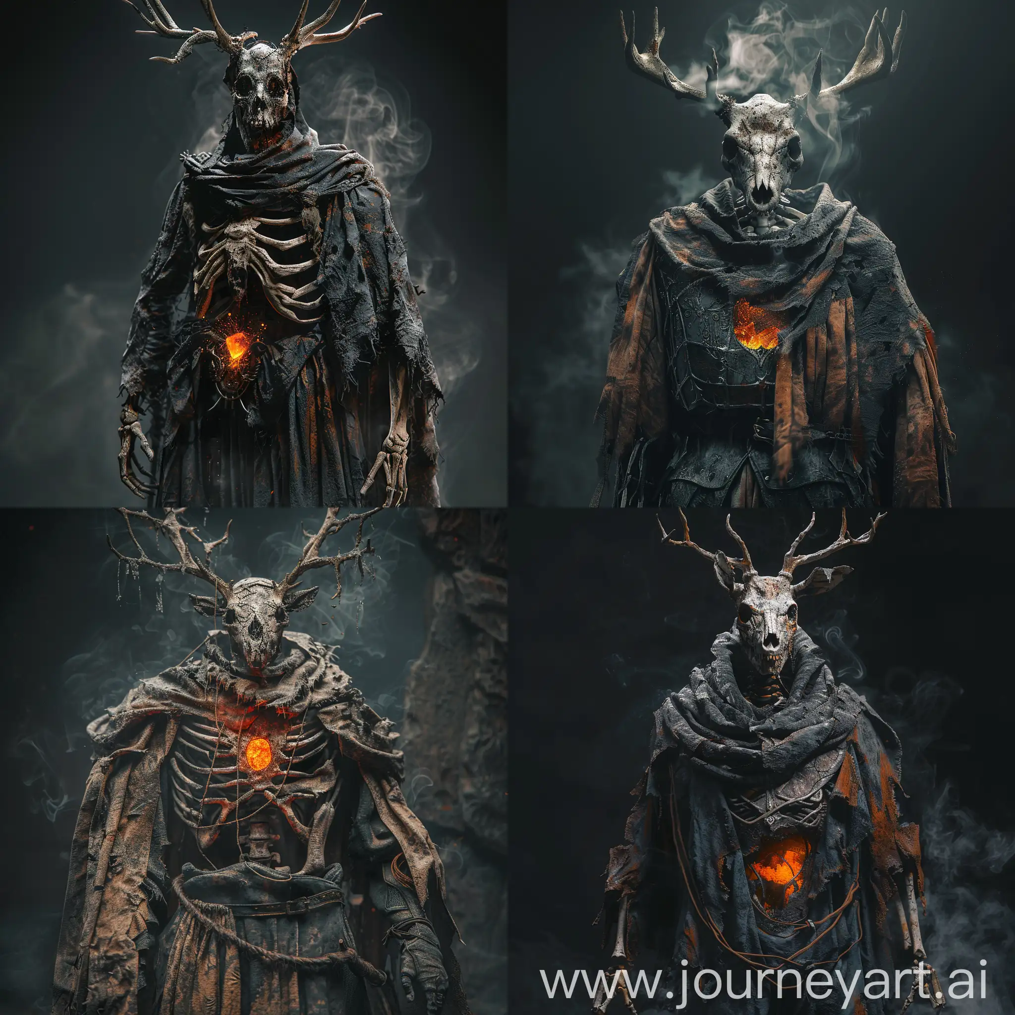 Masterpiece, empty, 4k, unreal engine 5, surreal, dark, dark fantasy, high resolution, volumetric lighting, desolate, evil, deer skull head, undead, skeletal, torn robes, mage armour, scarred, old, time worn, battle worn, decrepit, evil, dark smoke,  orange shard inside chest