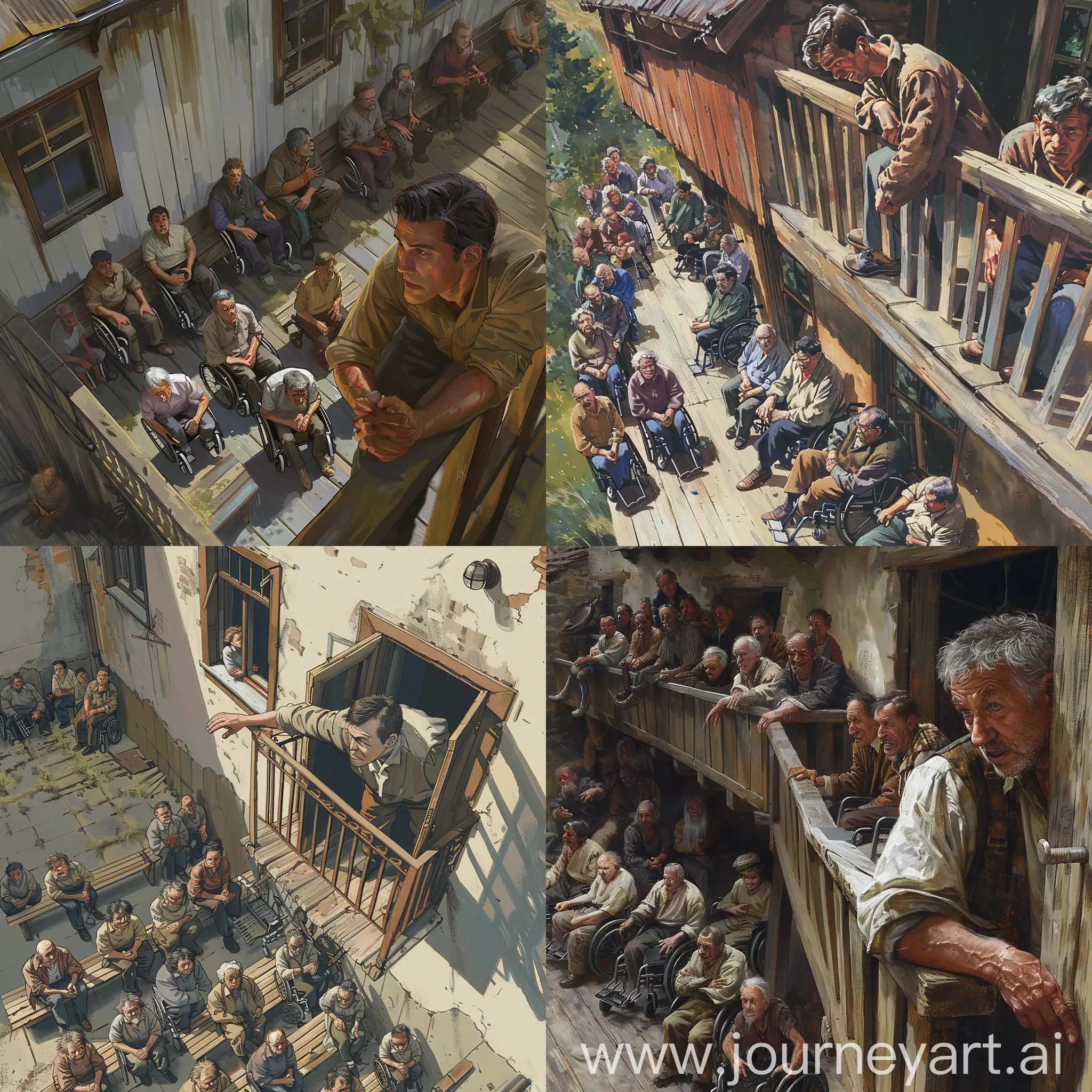 Man-on-Balcony-Observing-Eccentric-Individuals-Below