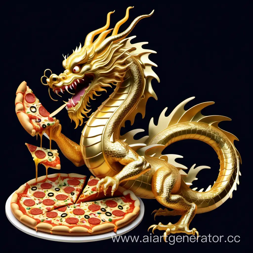 золотой китайский дракон, который ест пиццу