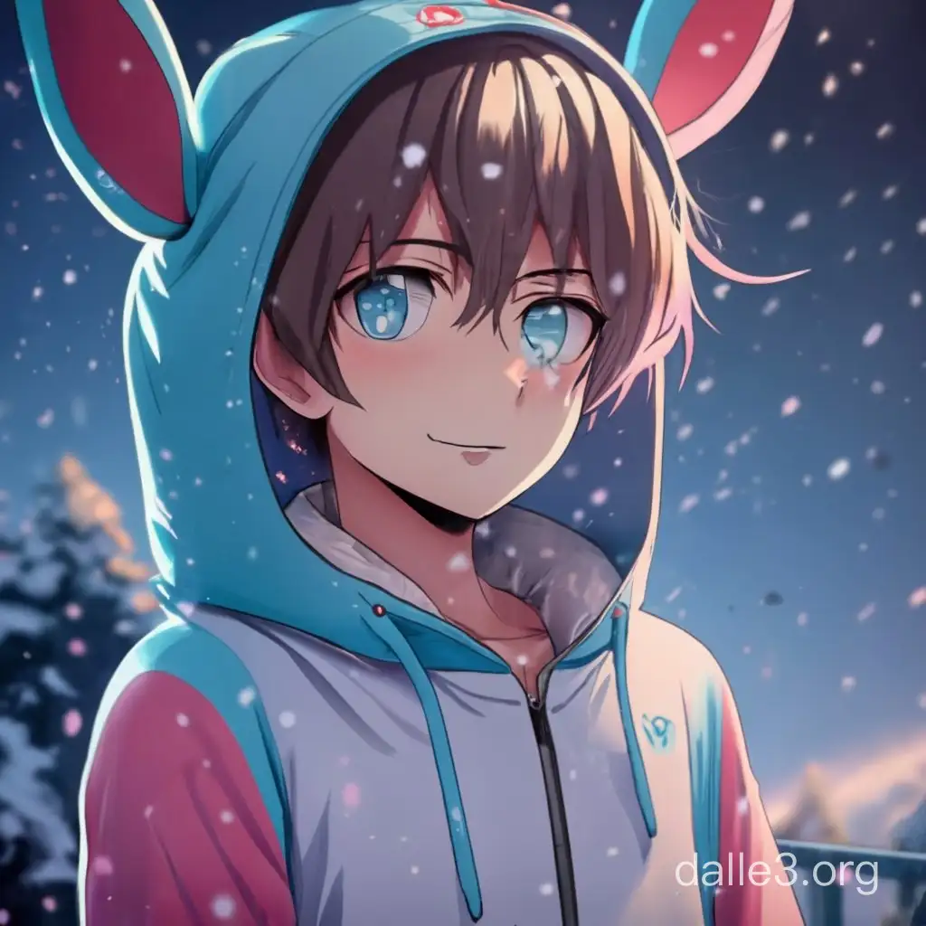 Anthropomorphic Sylveon youthful male light blue and pink zipup hoodie walking during night snow fall, anime