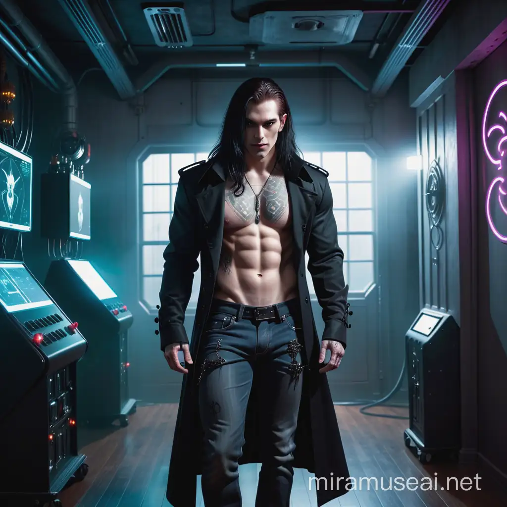 Tall, muscular, man, pale, gothic, vampire, long hair, very scary looking, wearing black trench coat, no shirt, jeans, tattoos, piercings. Standing in a Scifi cyberpunk bedroom.