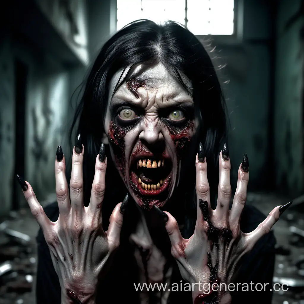 a zombie woman with long, curved, black, sharp fingernails 3 centimeters each, stretches her hands towards the observer. She opens her mouth to reveal a row of razor-sharp teeth She's terrible.  Her rotten skin has unhealthy color She is hungry and ready to hunt Her eyes are empty pale and there is no life in them anymore The only thing she wants is to eat you,  The whole scene takes place in an old abandoned building The old walls of the old house look ominous,realism, photo realism