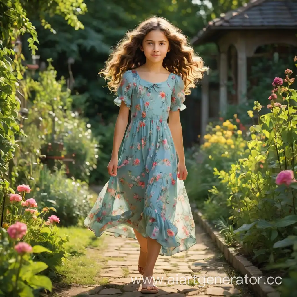 Teenage-Girl-with-Wavy-Hair-Strolling-in-a-BlossomFilled-Garden