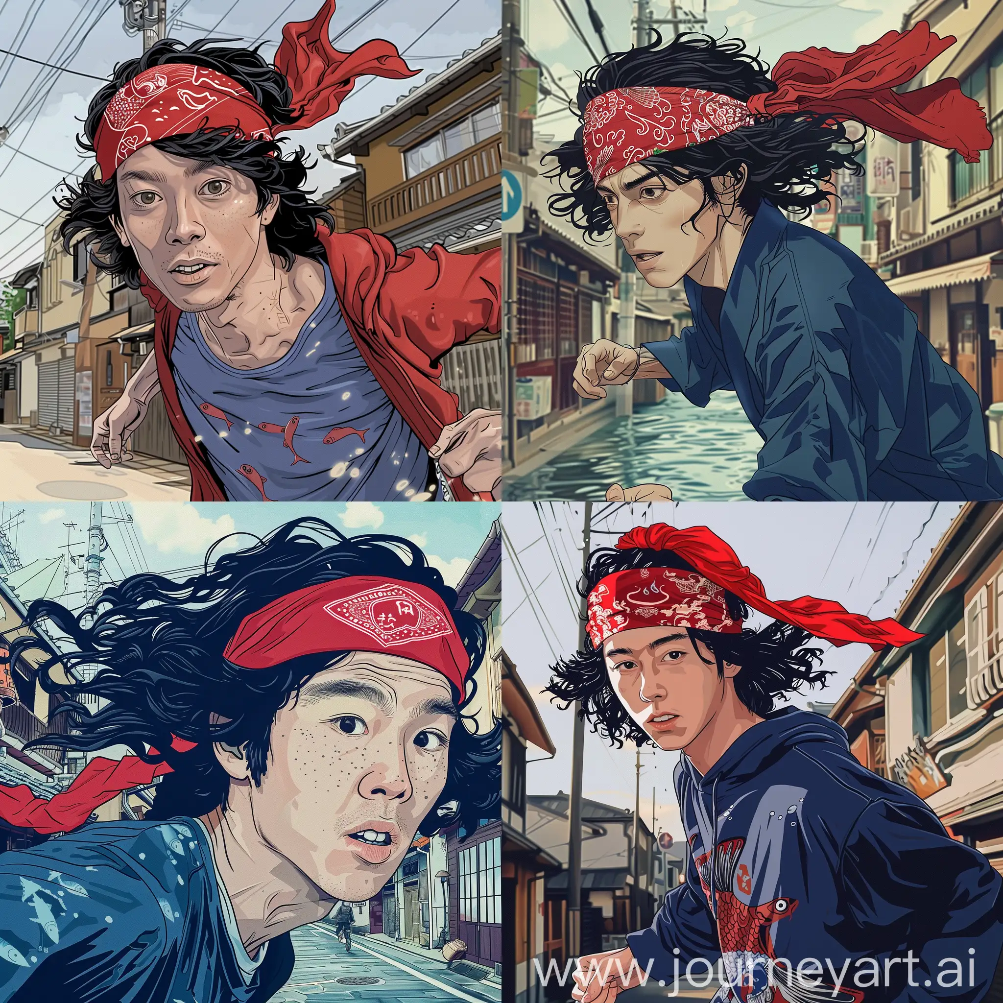 a 17 year old Asian man wearing a red bandana on his head, running down the Japanese street, black wavy hair, fishman clothes, digital art, comic book style, beautiful, unique, art