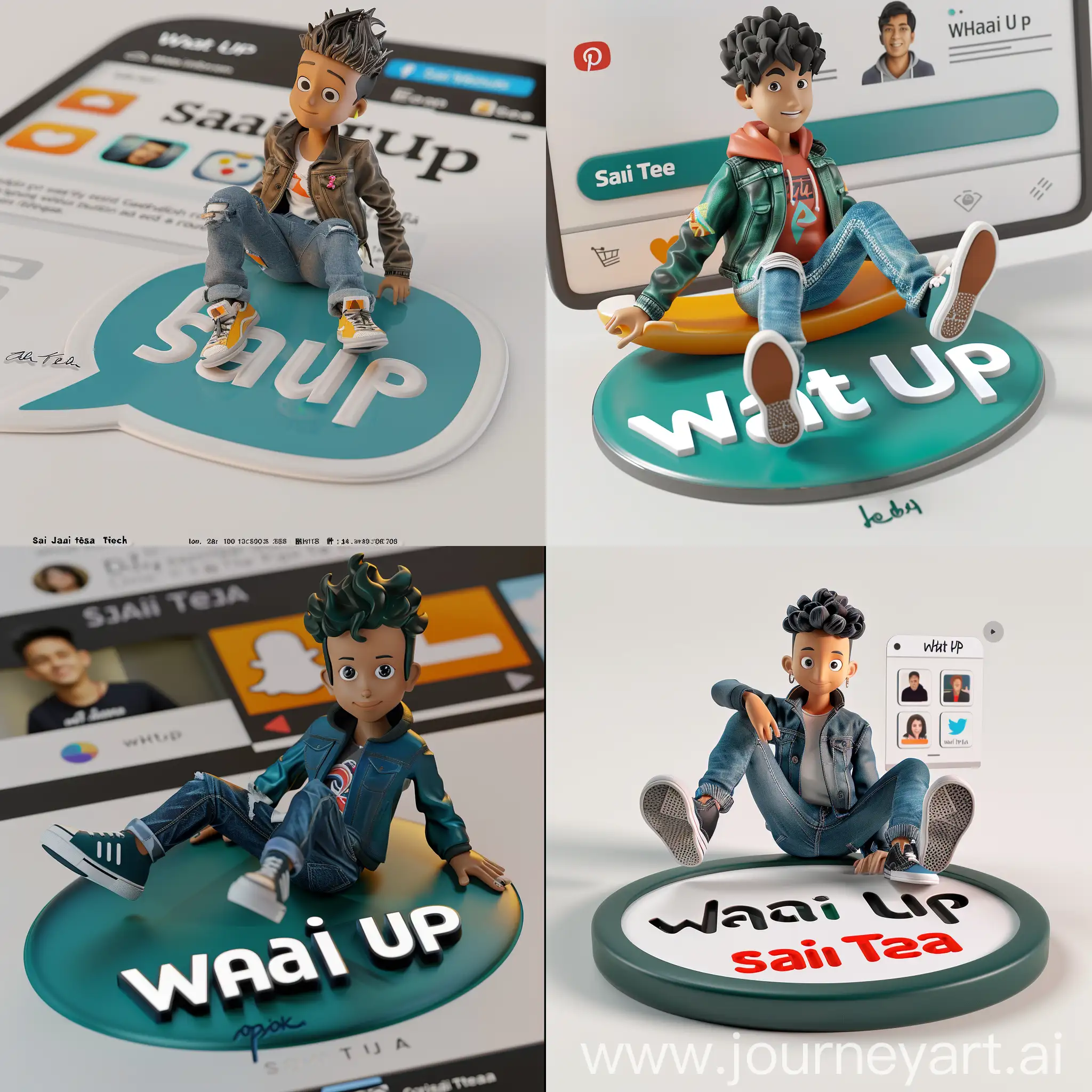 Create a 3D illustration of an animated character sitting casually on top of a social media logo "whats up". The character must wear casual modern clothing such as jeans jacket and sneakers shoes. The background of the image is a social media profile page with a user name "sai teja" and a profile picture that match.