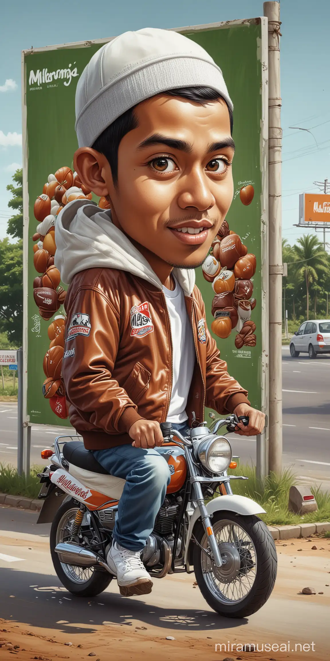 Creators ultra Realistic caricature of a slightly enlarge head of Indonesian youth muslim wearing a varsity jacket that says " Marrons ", white sneakers. riding a big sport motorbike, on a busy rural road, there is a billboard that says " MELONG ". Dramatic effects, ultra detailed caricatures,ultra realistic photos.