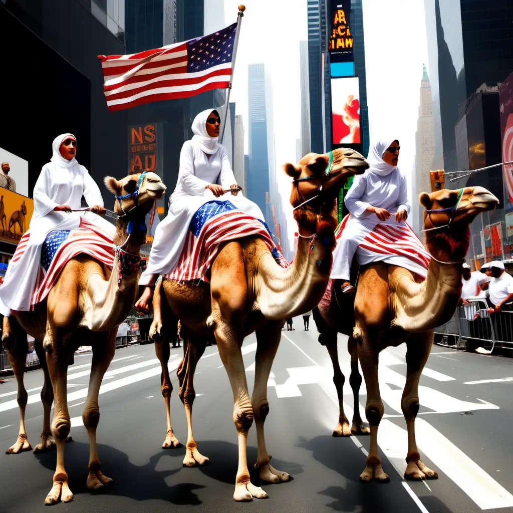 Всадники на верблюдах, вытянувшись в колонну один за одним, едут через Times Squar. Они - в традиционных арабских белых бурнусах, а руках держат американские флаги. Рядом с каждым всадником семенит по земле его покорная жена в хиджабе.