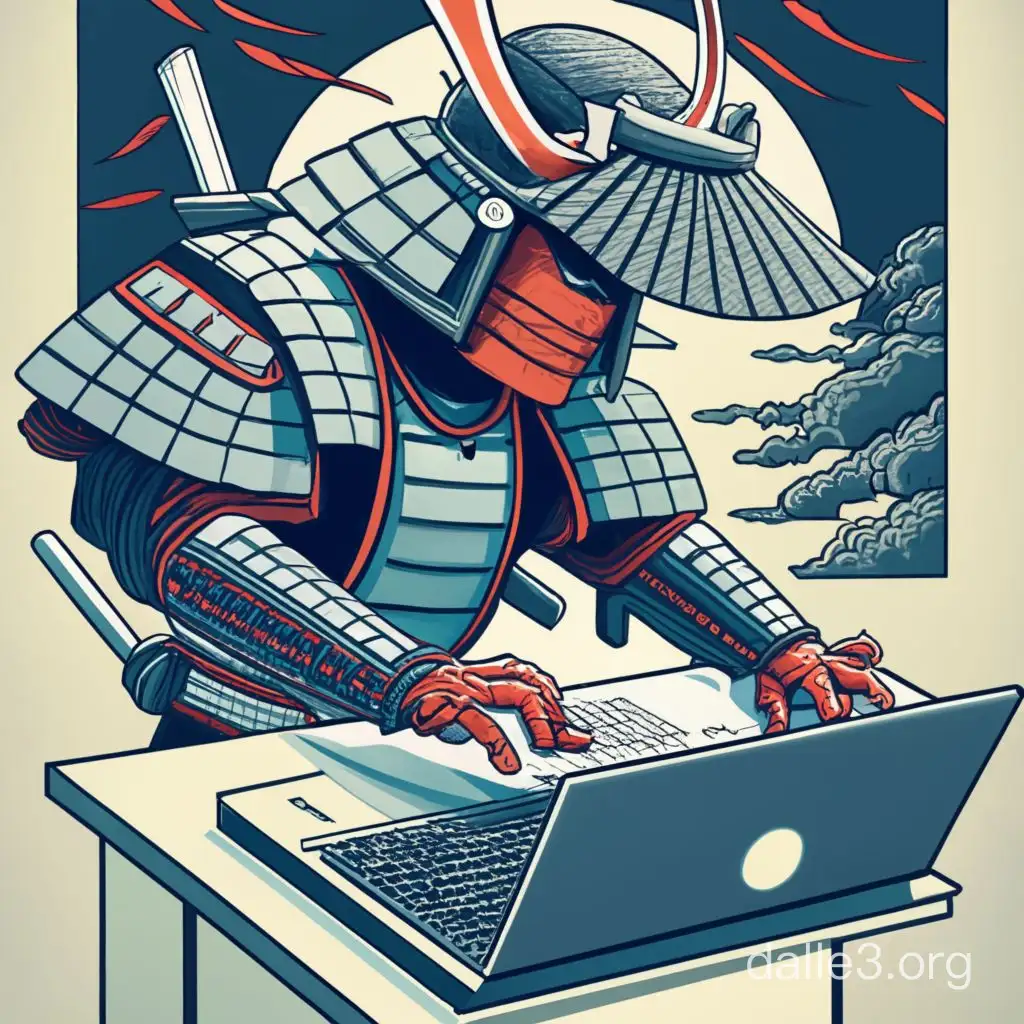 Edo period samurai warrior in full armor typing on a modern computer keyboard in Japanese woodblock art style