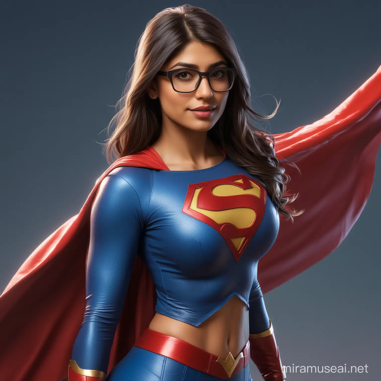 Mia Khalifa dressed as Supergirl, intricate detail, splash screen, complementary colors, fantasy concept art, 8k resolution

