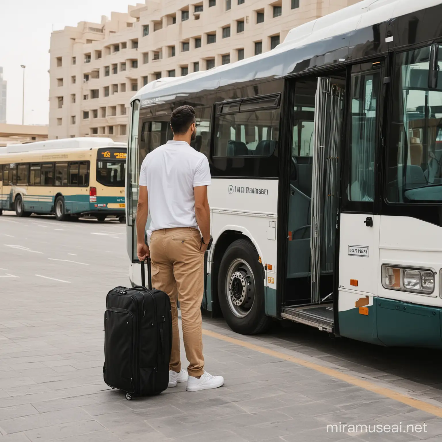 A PERSON STANDING WITH HIS TRAVELLING BAG IN FRONT OF A MODERN BUS IN DUBAI