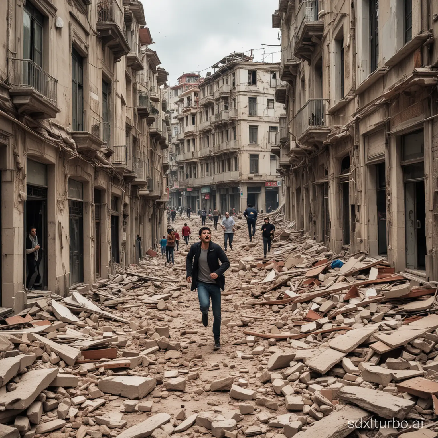 İstanbulda sokak arasında yıkılmış binalar arasında koşan telaşlı insanlar olsun