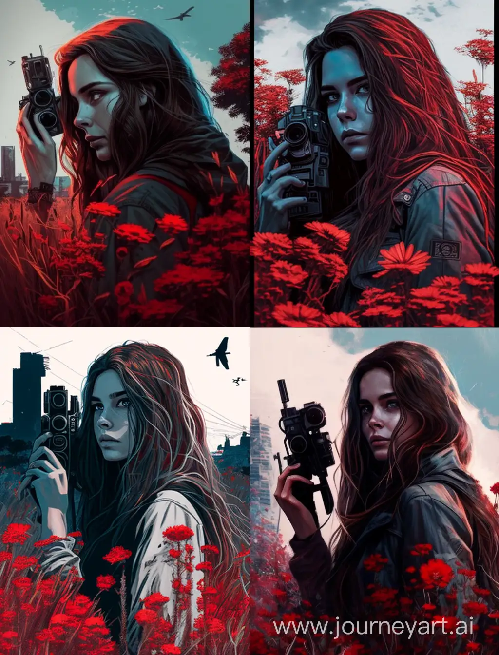 A woman with a camera, looking at a ghost standing in a field of red flowers in a cyberpunk city, lonely feeling, the woman has long brown hair and blue eyes