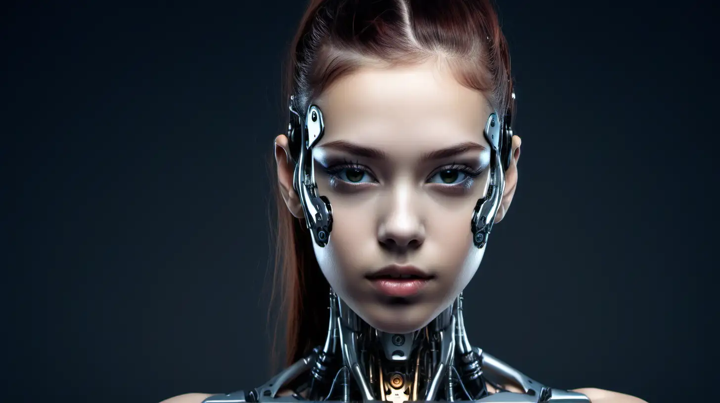 Beautiful cyborg woman, 18 years old. She has a cyborg face, but she is gorgeous. She is like a super model. She is thin.
