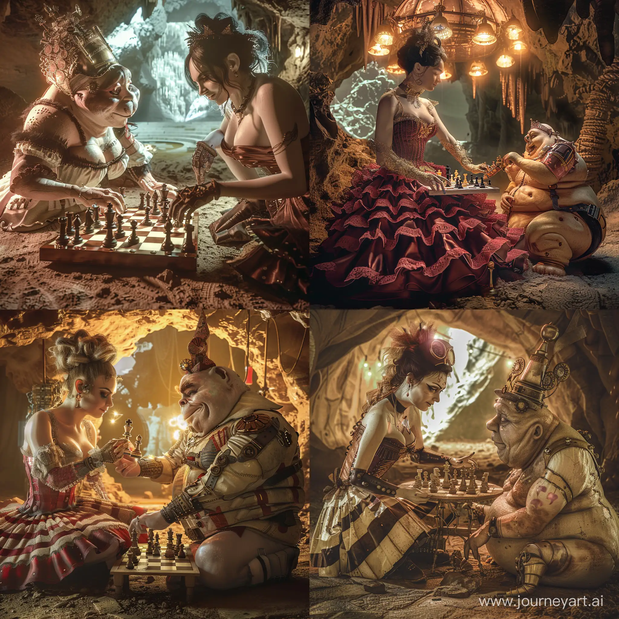 World of steampunk and magic,realistic UHD photography shot:lifelike detail image with portrait quality face a spanish female (male) [cabare dancer],35 y.o.,plays chess with fat funny humanoid creature ,dynamic pose.Background:summer,inside dark cave, magical glow,high detail,voluminous light,hyperrealistic,photorealistic,Vray style, [colorful sepia], deep focus