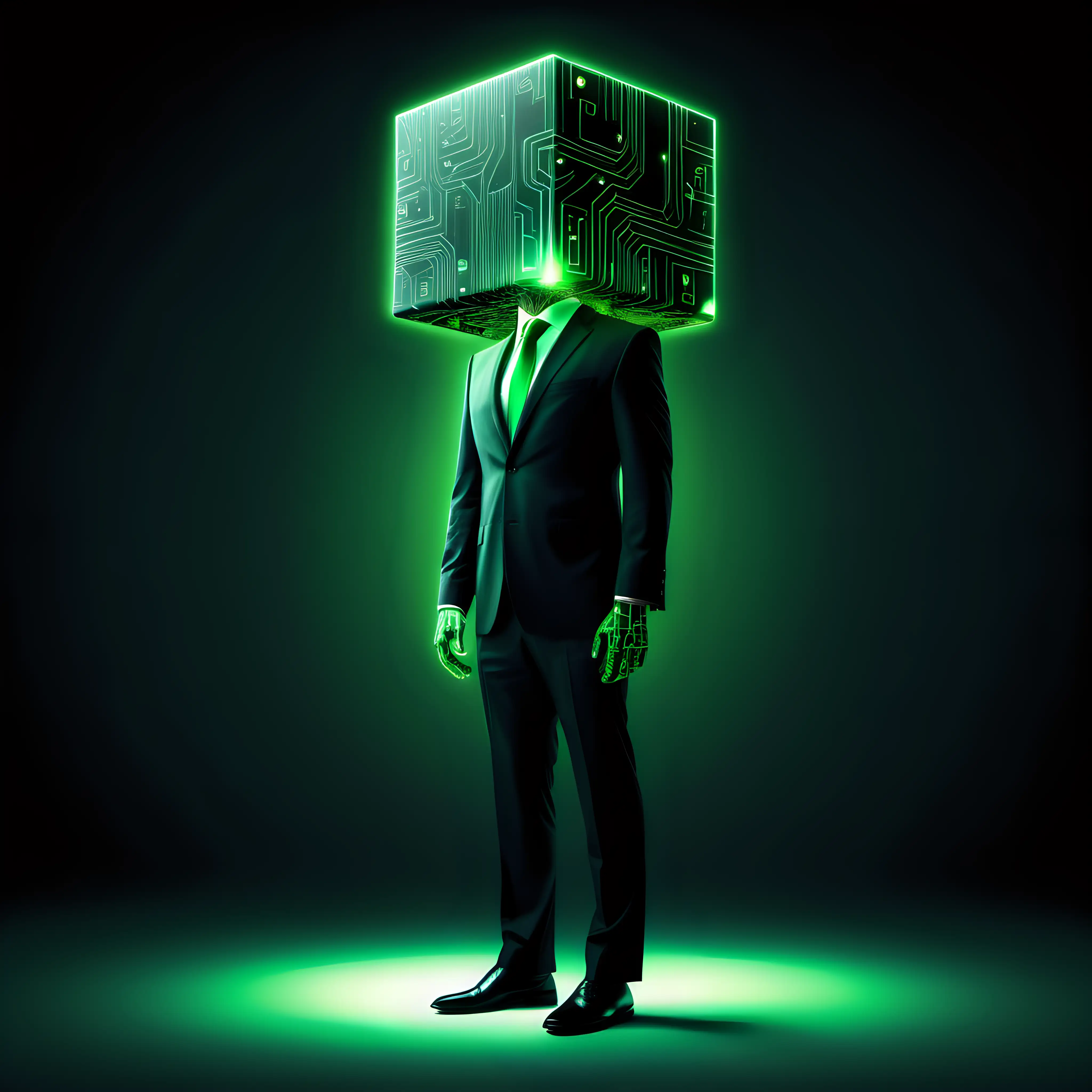 black cube as a head.
human body.
wearing a business suit.
glowing green circuits cover its body.
full body image.
