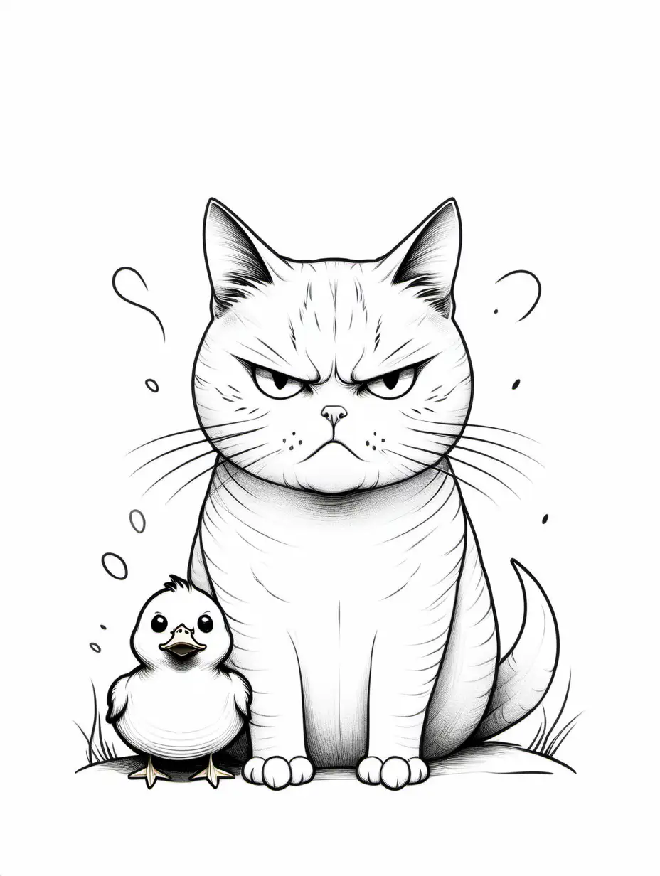 angry, annoyed cat with duck on its head hand drawn by Anna Haifisch, in the style of minimalistic line art drawings, white background, ultrafine detail, creative commons attribution, mori kei, painted illustrations, serene faces 