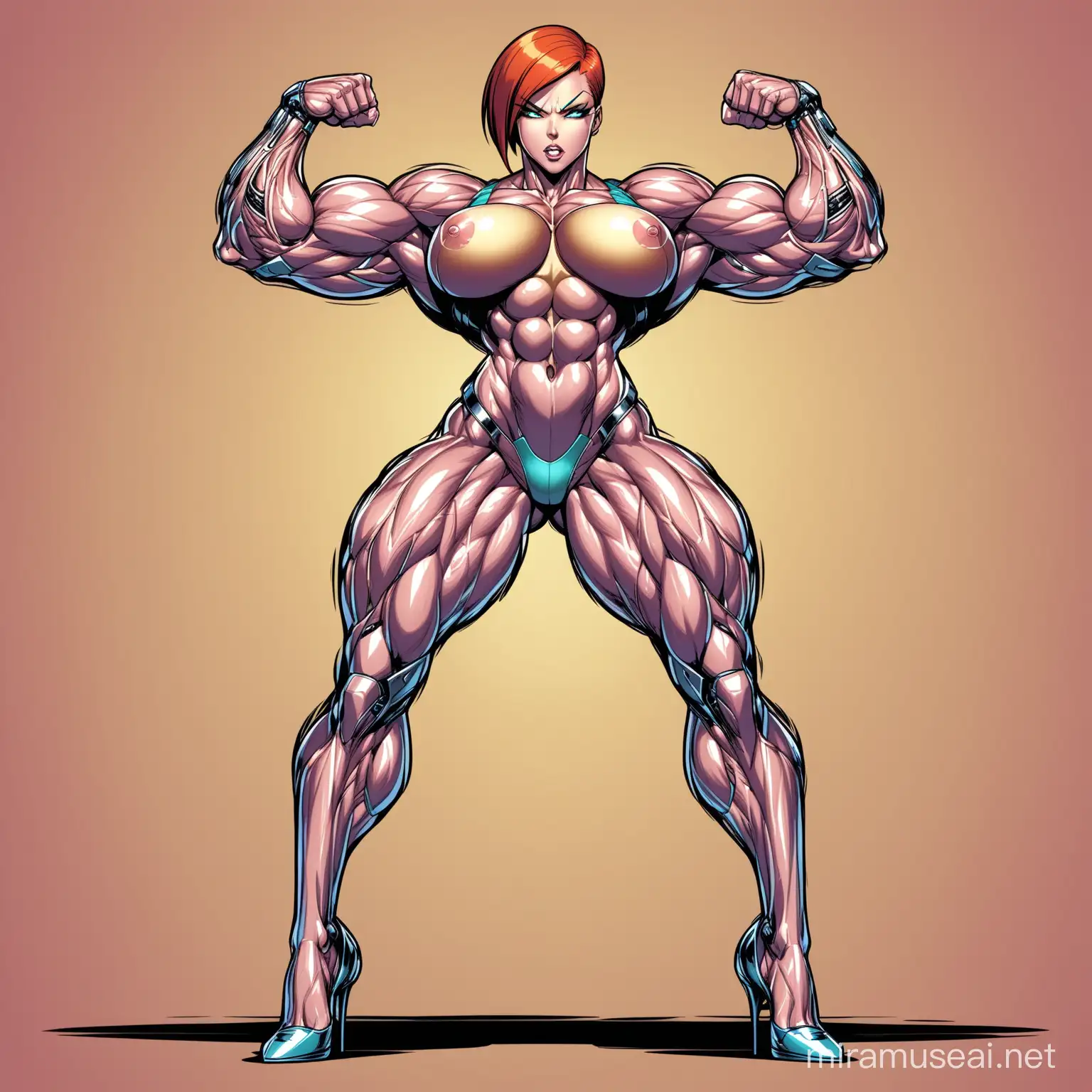 Muscular Female Cyborg Flexing Biceps in Comic Style