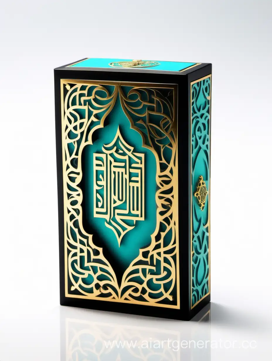 Dark dark matt black and gold Turquoise  luxury perfume rectangle vertical box 75% lines with arabesque pattern Arabic Calligraphy on white background