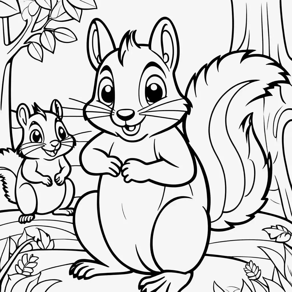 Create a coloring book page for 1 to 4 year olds. A simple cartoon cute smiling friendly faced squirrel and its friendly faced parents with bold outlines in their native enviroment. The image should have no shading or block colors and no background, make sure the animal fits in the picture fully and just clear lines for coloring. make all images with more cartoon faces and smiling