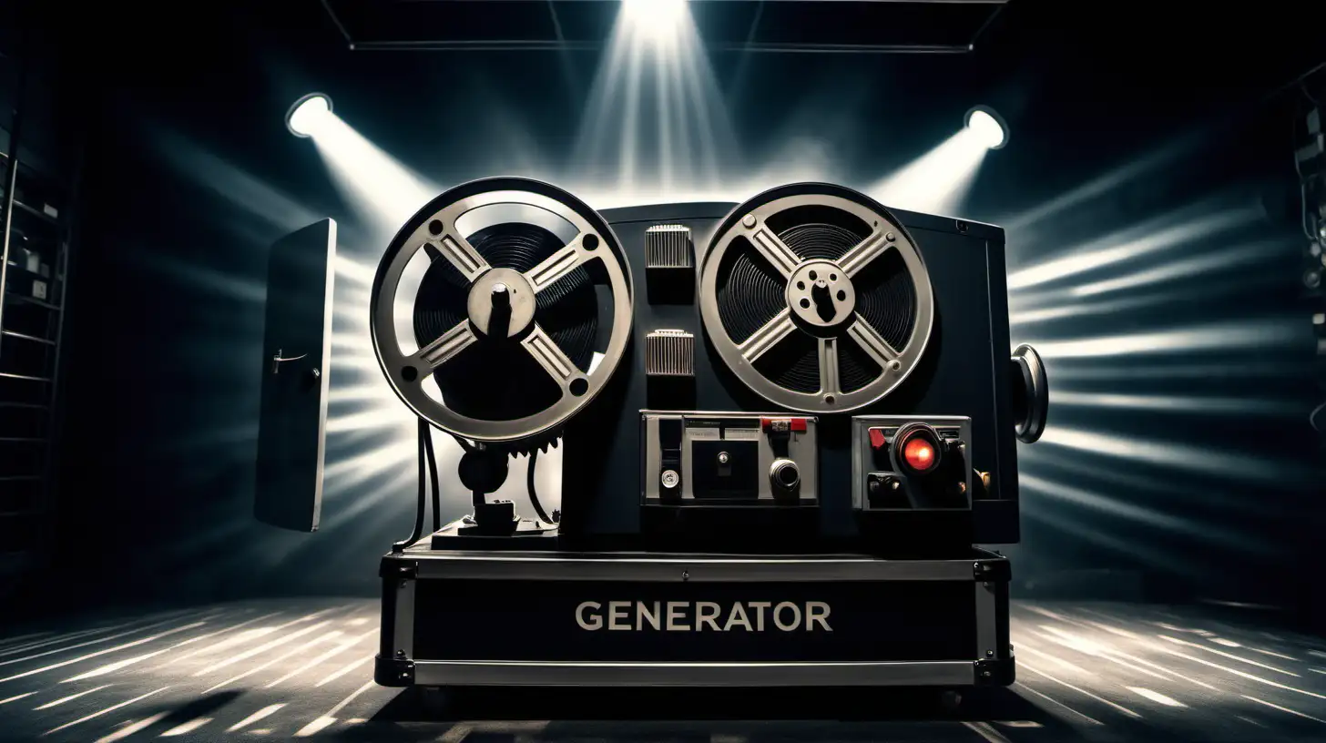 A generator that also appears to look like a film projector, muscular, company logo, professional, intense, dramatic, inside a projection booth background, company
 logo

