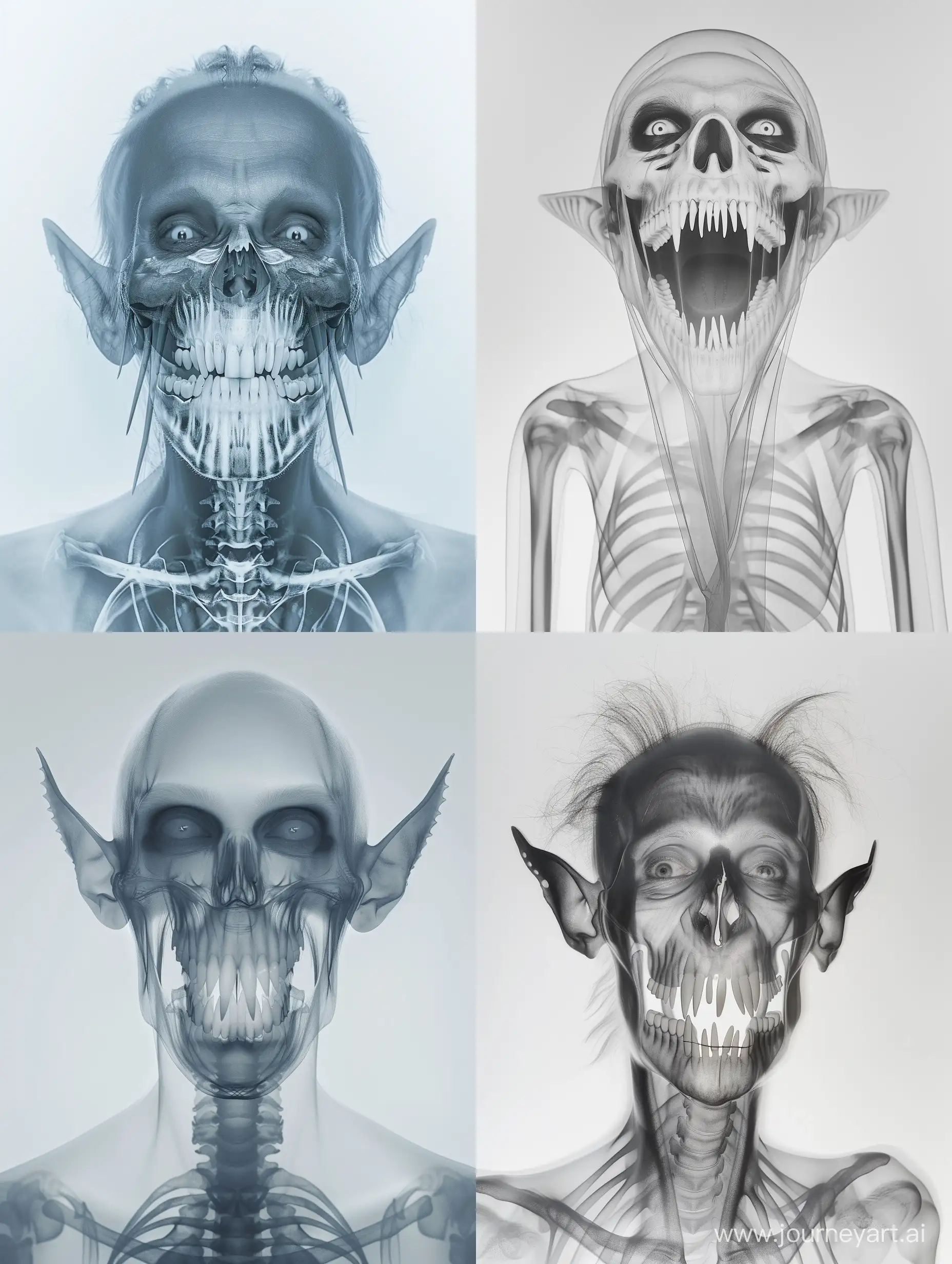absurd, fine-art photography, vampire with long teeth, x-ray, light-gray lighting, in the style of minimalism photography, studio photography --ar 3:4 --style raw --v 6