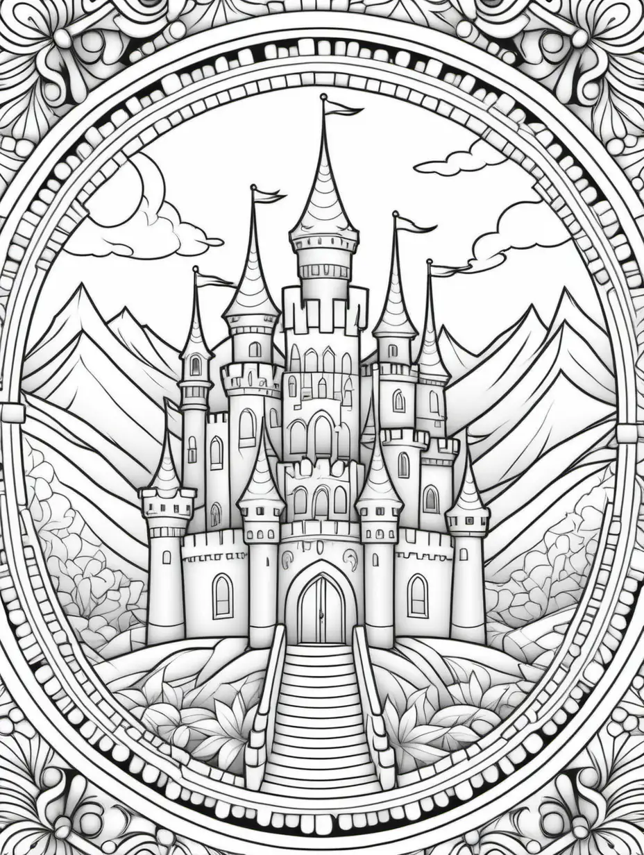 line work, coloring book page, mandala, castle, black and white, thick lines, white background, vector file