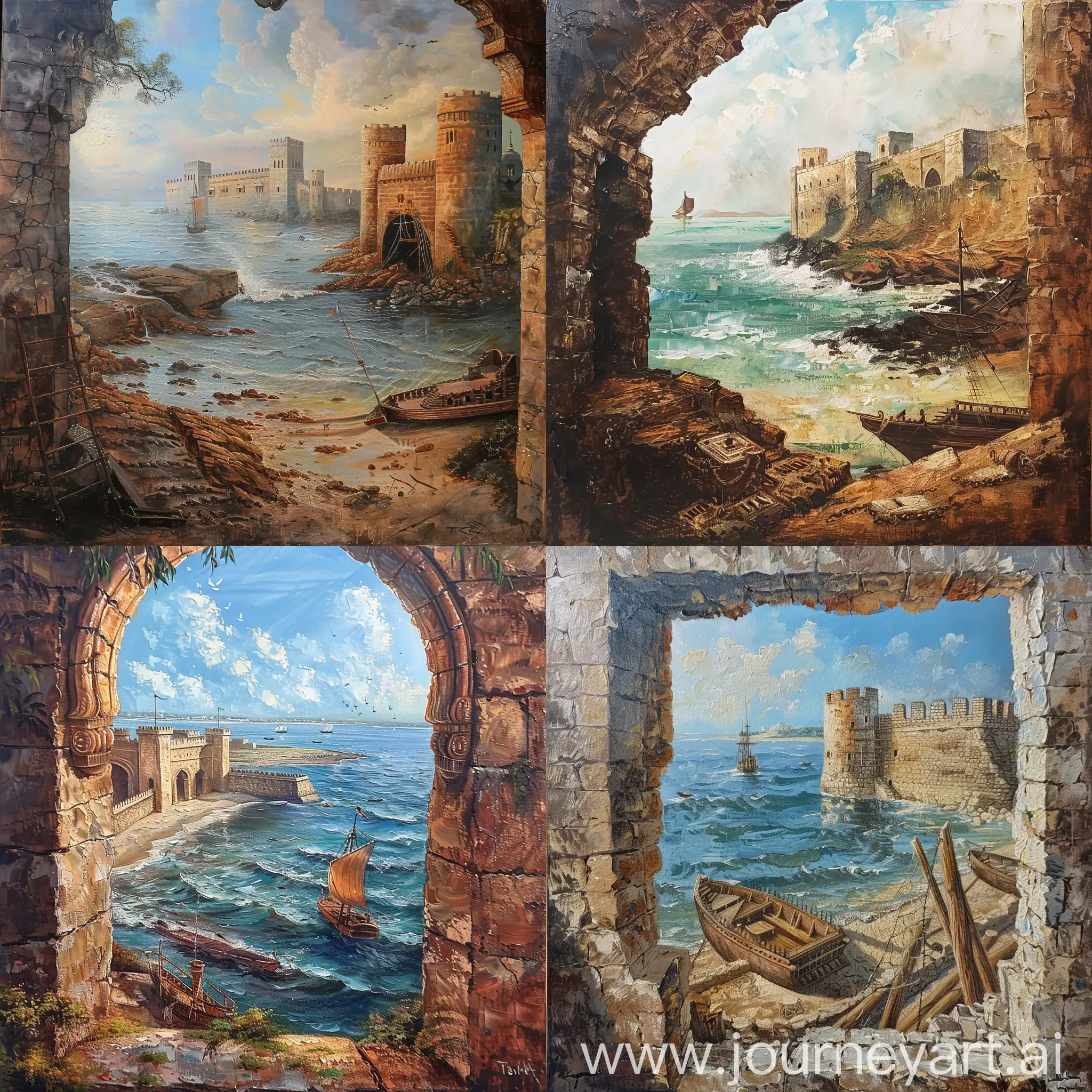 Beautiful painting of famous fort bekel fort in kasaragod, the fort and sea should be evident in the painting, a portion of ancient ship should be there, the total frame should look like an ancient painting
