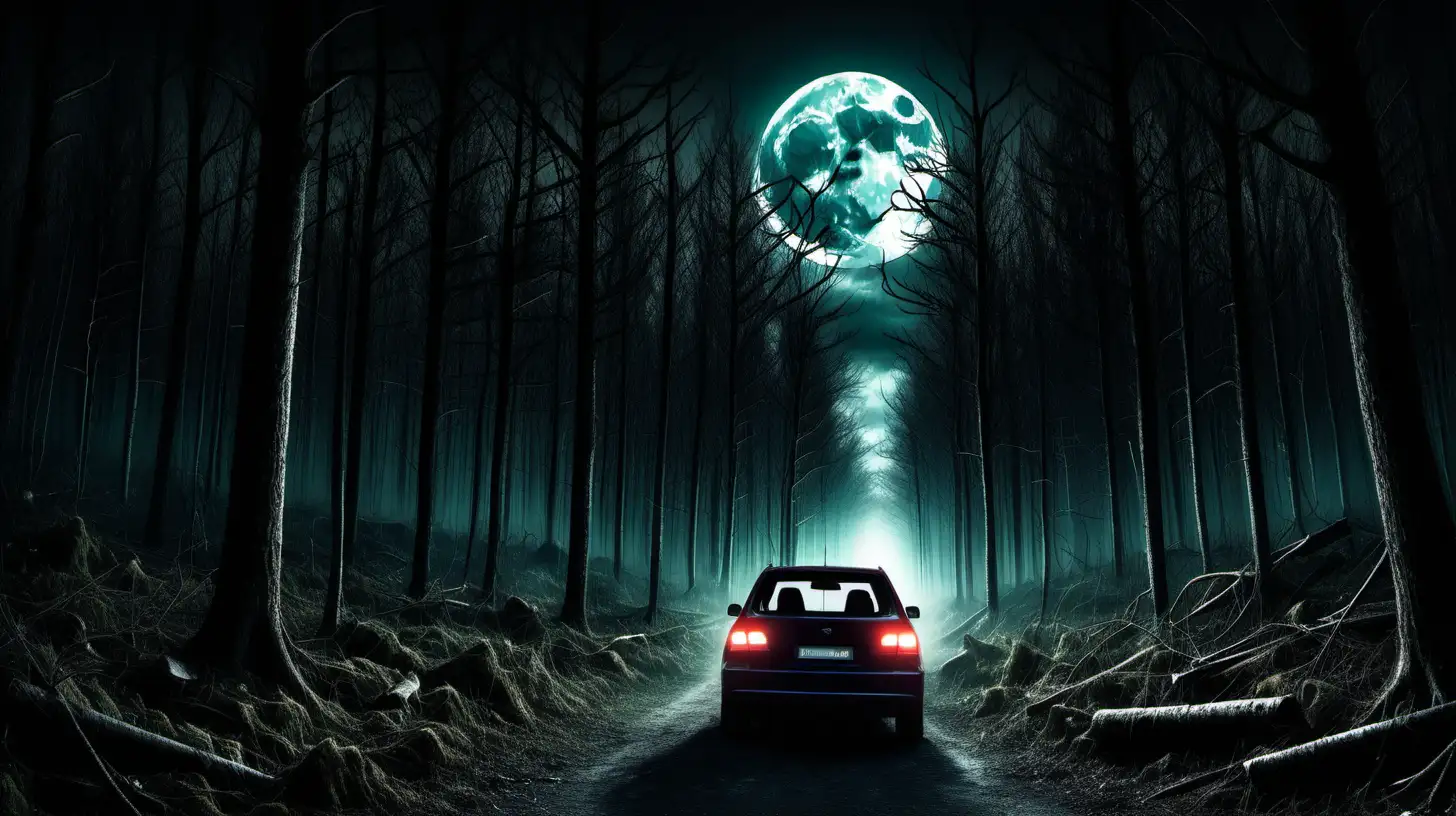 terrirfying forest in the moonlight with car 