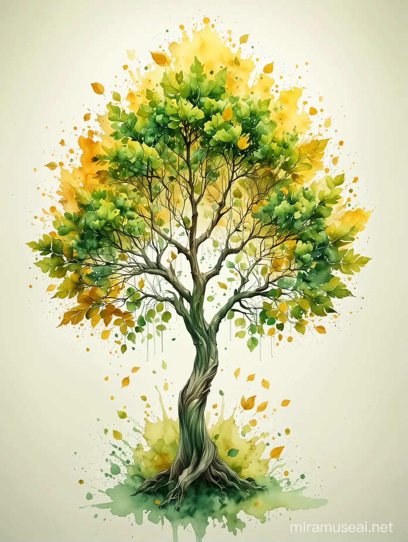 Vibrant 3D Tree with Green and Yellow Watercolor Leaves