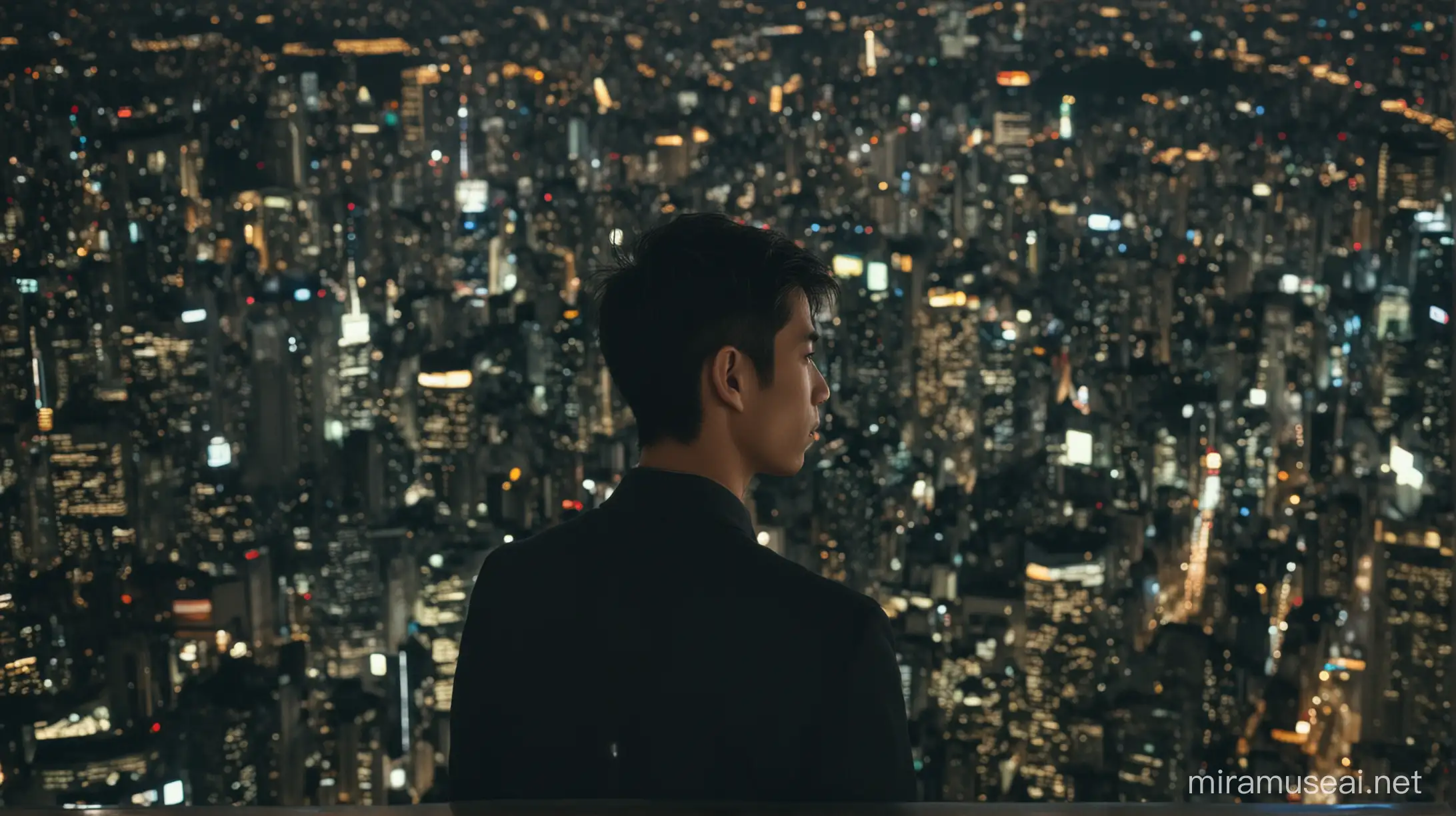 The young man looks to night tokio From the height of a skyscraper. Tall shining skyscrapers in the background . Shot on an 85mm lens. Depth of field: 1.8
