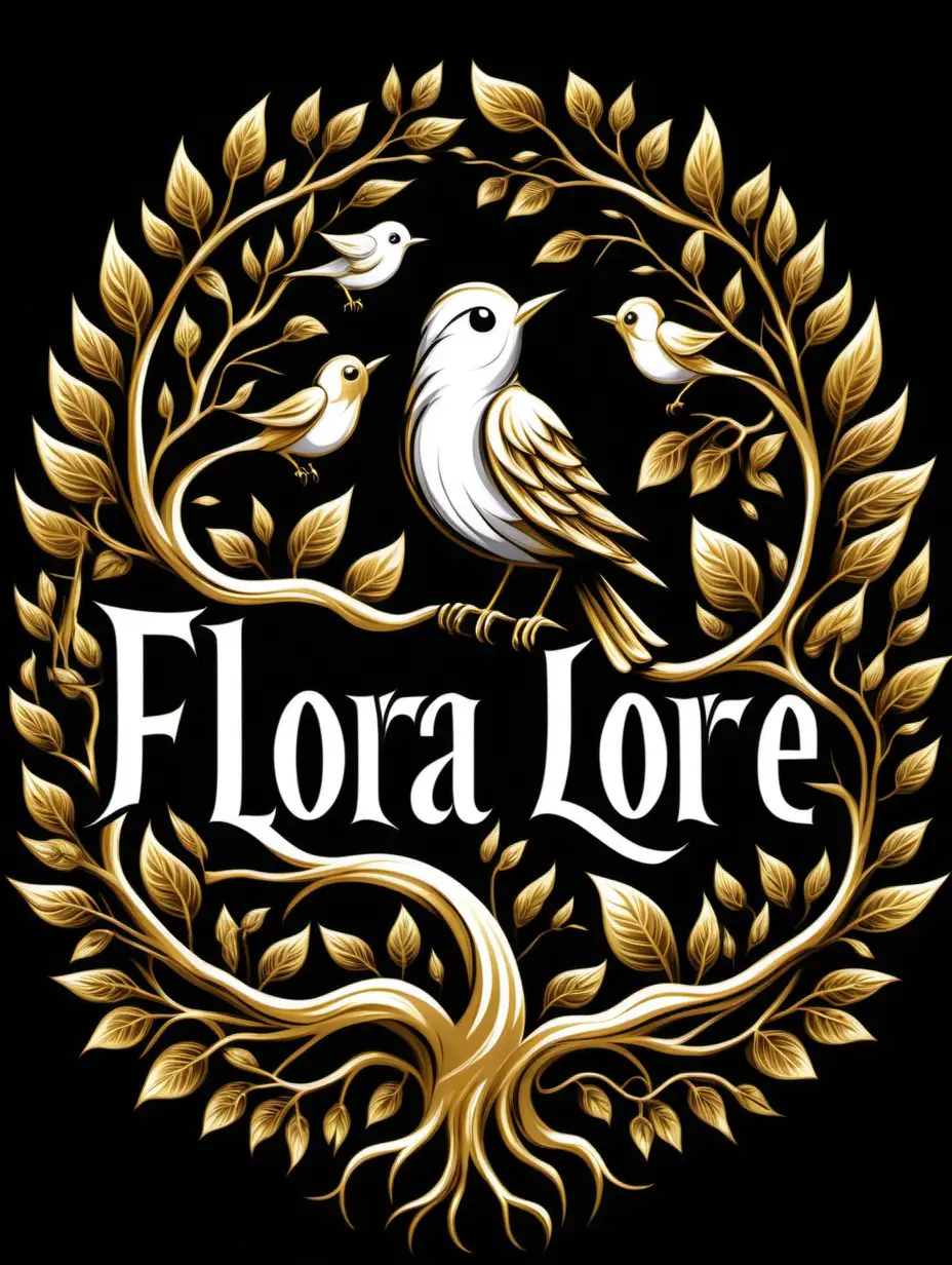 A logo with the name Flora Lore, but make FloraLore all one word, a bird signing on top of a tree with roots, use vector image, with black background, use different shades of gold and white in the image 