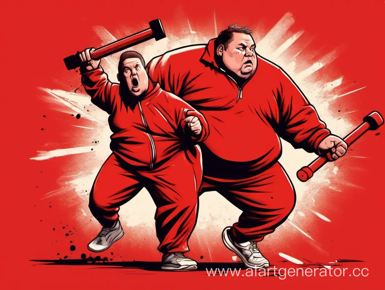 A fat man in a tracksuit wants to hit two people with a sledgehammer. They're in tracksuits and running away from him. All this on a red background