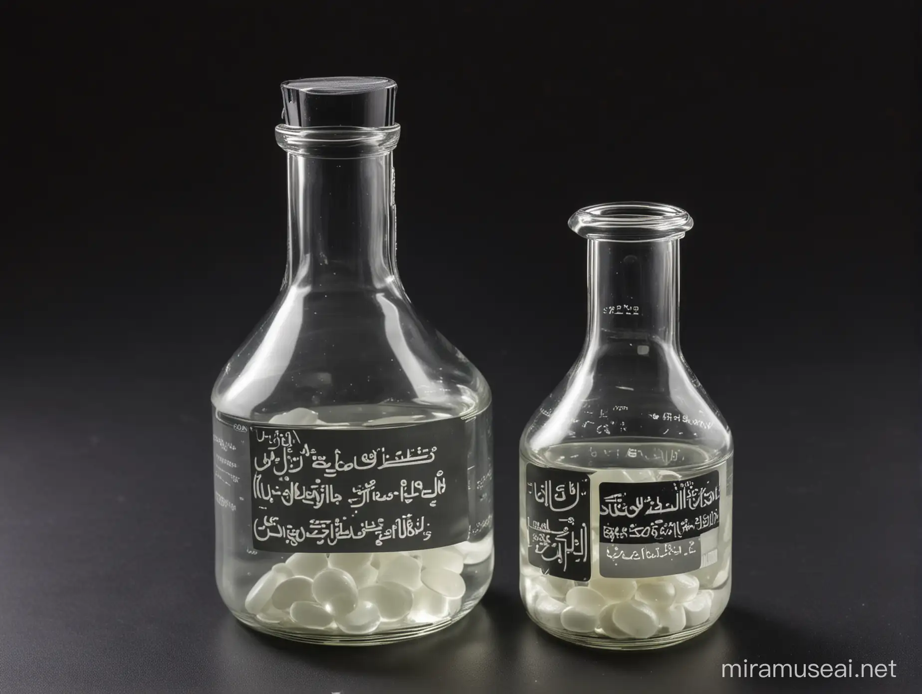 aboratory Glasswares are testing sodium metaoxid , very shiny , with black background, the tags show the materials are approved and ready to dispach in arabic . manufactury name in Borna