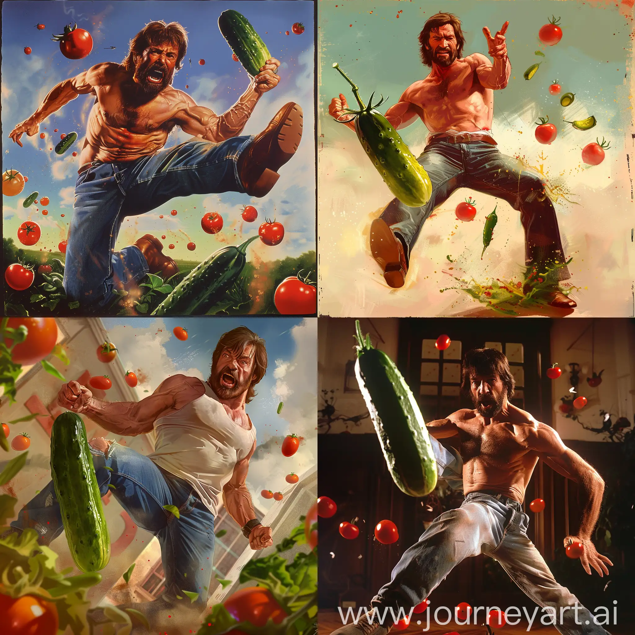 Chuck Norris kicks a cucumber and there are flying tomatoes around him