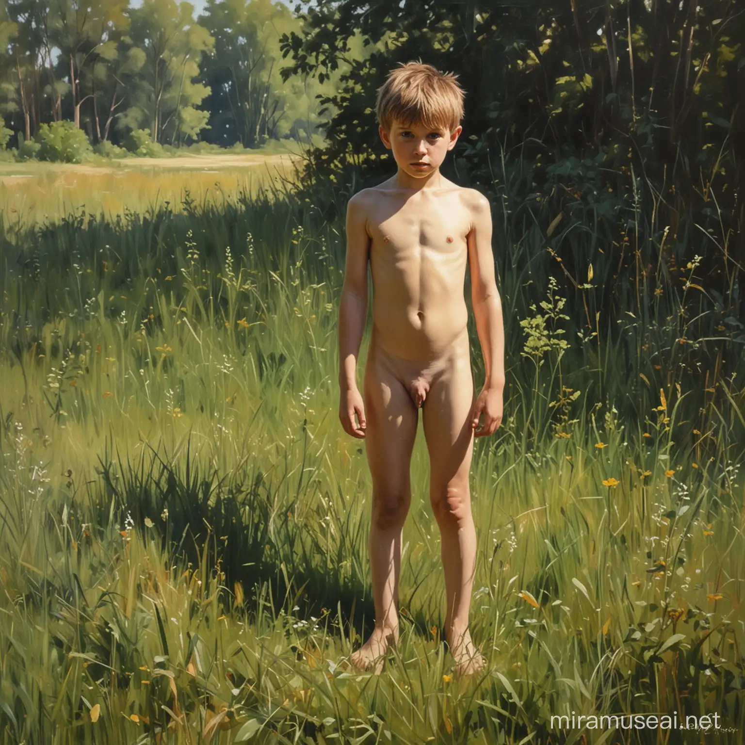 в стили хуудожника ..картина. обнаженный 
 мальчик стоит на поляне. .ноги   в невысокой траве. .осфещение контражур . 