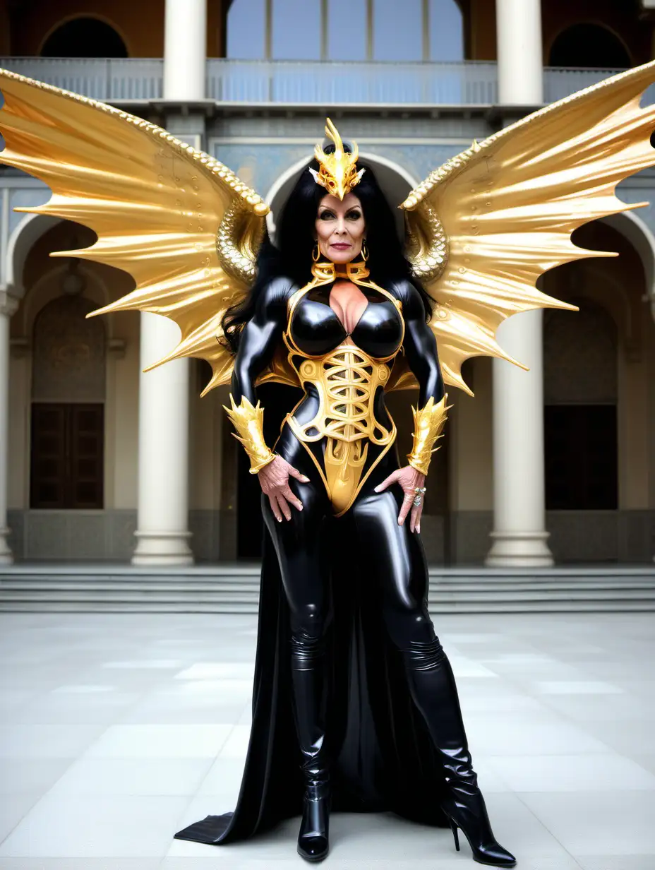 humongous ridiculously muscular old iranian rich queens beautiful granny bodybuilder, steroids, fake implants. (levitating, flying, hovering above a palace courtyard))). Black latex bikini . Biggest bodybuilder in history. Pleaser shiny thigh high boots. Ultra slim waist. Long black hair with fringe, quiff. Statement gold necklace. Gold hoop earrings, gold spiked gauntlets. Long latex opera gloves. Statement gold belt. Slim Gold headband. huge gold dragon wings